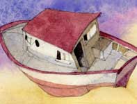 Red and White Sky Boat Painting by Eddie Flotte: Red and White Sky Boat