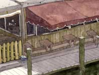 Painting by Eddie Flotte: Restaurant by the Bridge